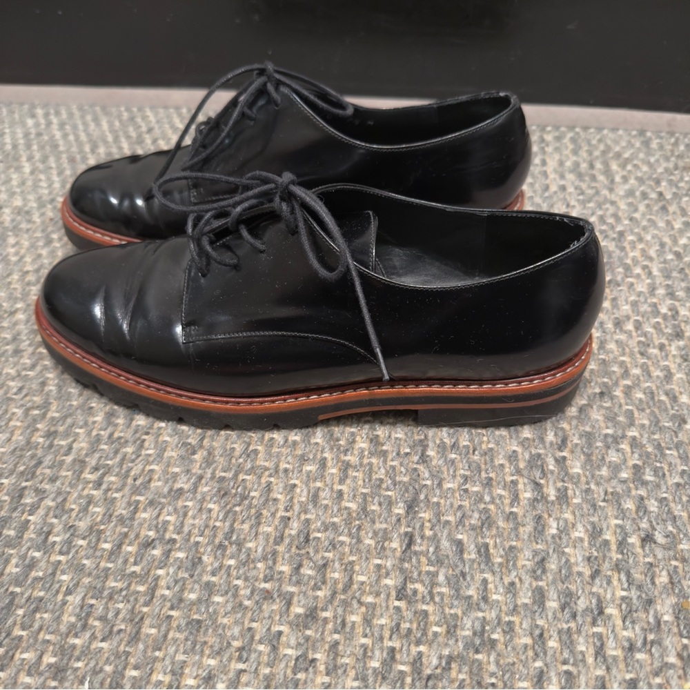 Stuart Weitzman Black Patent Leather Oxfords Brown Stripe Soles Shoes Size 7.5 - Picture 7 of 14